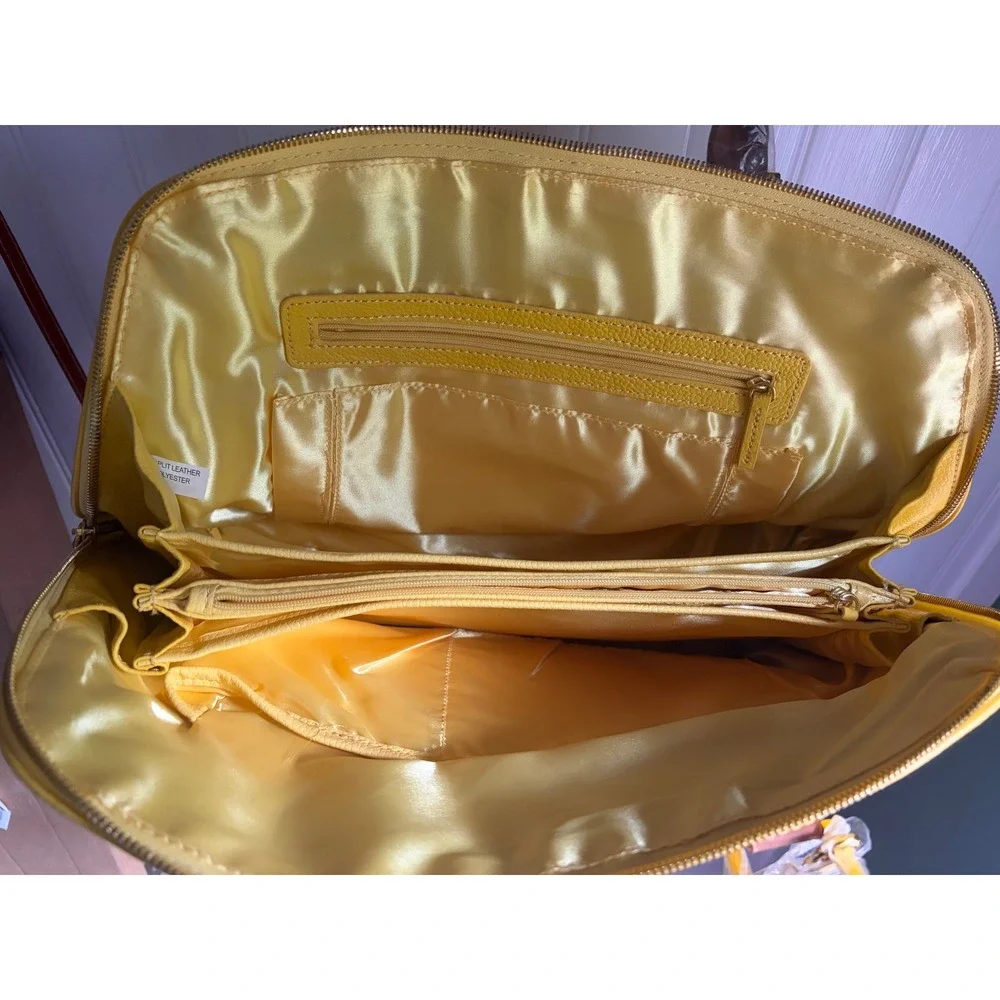 Joy & Iman Yellow Tan Split Leather Satchel Handbag Set with Wallet and Clock